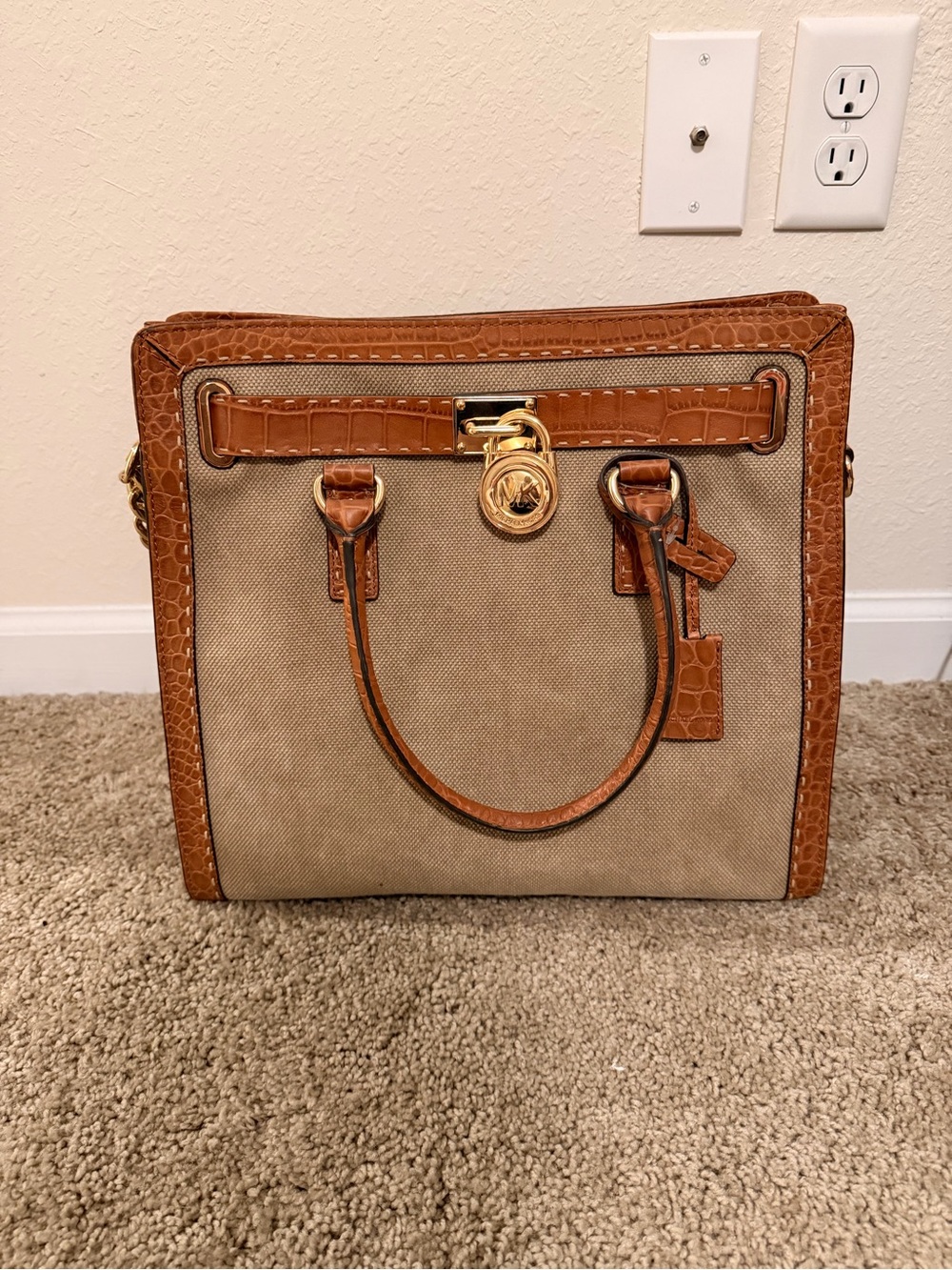 Michael Kors Canvas Satchel with Tan Croc-Trim and Gold Hardware